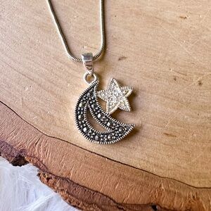 MC/TH Hallmark Crescent Moon Star Marcasite CZ Sterling Silver Pendant Necklace